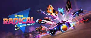 夜間Rocket League Radical Summer遊戲中，霓虹車在空中飛翔。 — 火箭聯盟 壁紙