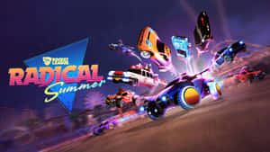 夜晚的《Rocket League》遊戲場景中，霓虹車飛翔和翻轉。 — 4K 火箭聯盟 壁紙