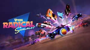 夜晚的Rocket League遊戲場景中，霓虹車飛翔和翻轉。 — 運動 壁紙