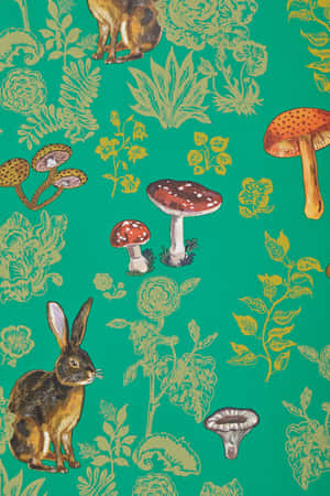 青綠色壁紙，金色植物中帶有插圖兔子和蘑菇。 — Huawei MatePad 12 X (2025) 壁紙