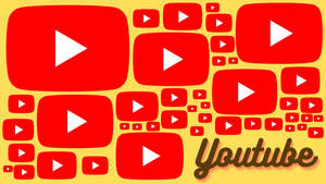 黃色背景上帶有紅色 YouTube 播放按鈕和標誌的壁紙。 — YouTube 標誌 壁紙