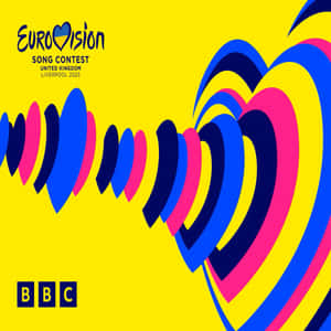 Eurovision Song Contest 2023 標誌，在黃色背景上帶有彩色心形波浪設計。 — 1:1 壁紙