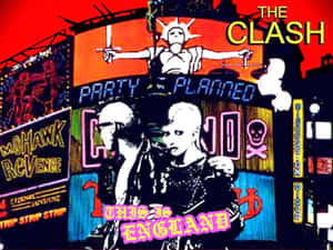 The Clash 龐克搖滾樂隊海報，帶有霓虹燈標誌和一個尖刺頭髮的人物。 — 岩石 壁紙
