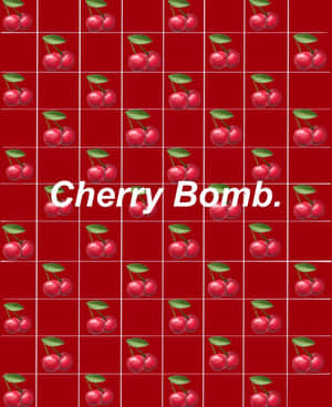 帶有重複櫻桃簇和白色網格線的紅色背景，文字 Cherry Bomb。 — 櫻花 壁紙