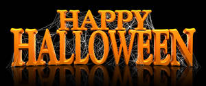 黑色反光背景上帶有蜘蛛網的橙色3D happy halloween字母。 — 3440x1440 壁紙