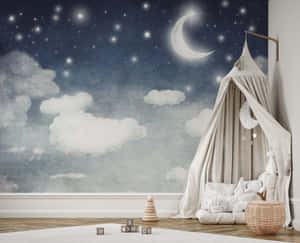 兒童房內帶有天篷床的星空壁畫，新月和雲朵。 — 美麗的滿月 壁紙