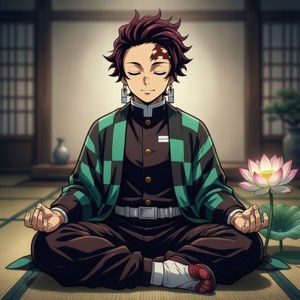 動漫戰士在榻榻米房間中，在盛開的蓮花旁冷靜地冥想。 — Pixel Watch 5 壁紙