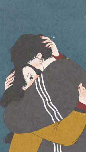 兩人緊密擁抱，其中一人穿著條紋外套。 — 可愛動漫情侶 壁紙