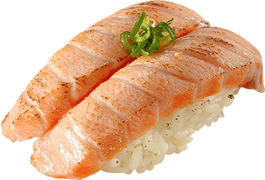 兩件烤鮭魚握壽司，配青蔥裝飾。