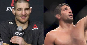 兩位男性UFC拳手，一位在記者會上微笑，另一位在八角籠中慶祝勝利。 — 終極格鬥冠軍賽 壁紙