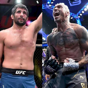 兩位UFC拳手在明亮的燈光下於八角籠中慶祝勝利。 — 終極格鬥冠軍賽 壁紙