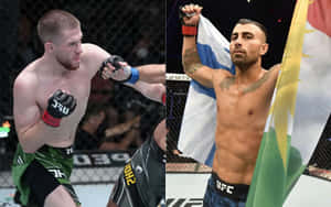 兩位男性UFC拳手，一位出拳擊中另一位，後者在八角籠中舉旗。 — 終極格鬥冠軍賽 壁紙