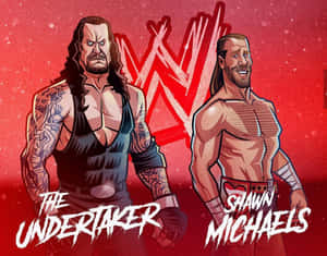 WWE摔角手The Undertaker和Shawn Michaels以插圖風格站在紅色背景前。 — 送葬者 壁紙