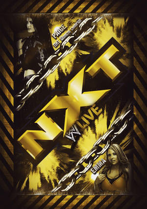 WWE NXT女子冠軍賽海報， featuring 摔角手Paige和Emma，帶有鏈條和粗體黃色文字。 — OnePlus Pad 壁紙