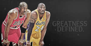 麥可喬登和柯比布萊恩身穿籃球服，帶有文字 greatness defined。 — 科比· Bryant 壁紙