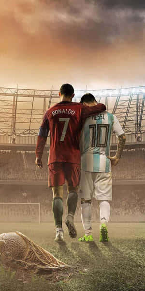 兩位足球傳奇羅納度與梅西在日落時分的球場上一起散步。 — Cristiano Ronaldo 足球 壁紙