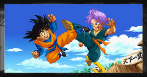 兩個動漫角色在藍天下於村莊上空戰鬥。 — 夜魔俠 壁紙