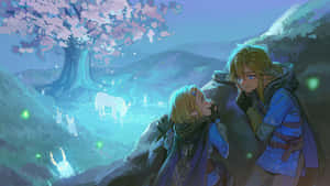 兩個動漫角色在暮光山谷中欣賞櫻花下發光的鹿。 — 薩爾達傳說 � Breath of the Wild 壁紙