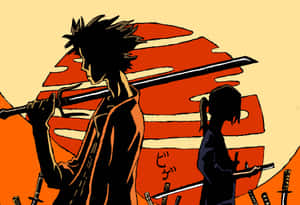 兩位動漫劍士在熾熱的橙色夕陽下的剪影。 — 動漫桌面 壁紙