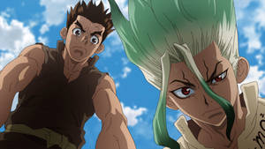 兩位動漫角色在藍天白雲下帶著堅定的表情。 — Dr.STONE 新石紀 壁紙