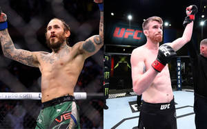兩位MMA拳手在UFC八角籠內舉起雙臂慶祝勝利。 — 運動 壁紙
