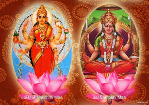 兩位印度教女神 Mahalakshmi 和 Santoshi Maa 穿著色彩繽紛的傳統服飾，下方有粉紅色蓮花。 — Maa Durga 壁紙