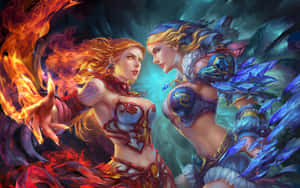 兩位奇幻女性在戰鬥中——一位操控火焰，另一位操控冰霜——在黑暗旋轉的背景前。 — MacBook Air M1 壁紙