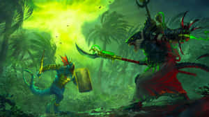 奇幻戰士在發光的綠色叢林中戰鬥，充滿魔法能量。 — 電玩遊戲 GIF 壁紙