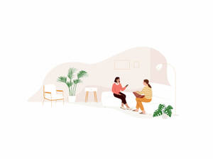 兩位女士坐在沙發上，在現代客廳中與植物一起聊天。 — 首頁 壁紙