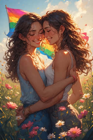 兩位女士在花田中擁抱，身後有彩虹旗。 — 雙性戀旗幟 壁紙