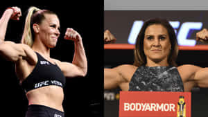 兩位女性MMA拳手在UFC稱重活動中展示肌肉。 — 2560x1440 壁紙