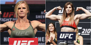 兩位女性UFC拳手在稱重活動中展示肌肉，伴有品牌標誌。 — 艾莉塔：戰鬥天使 壁紙