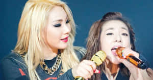 兩位女K-pop歌手在舞台上拿著麥克風表演。 — 2NE1 壁紙