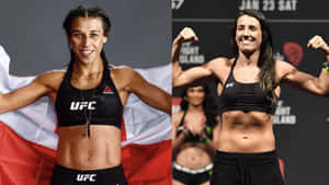 兩位女性UFC拳手在稱重活動中展示肌肉並微笑。 — 拼貼 壁紙