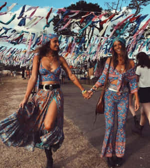 兩位穿著圖案服裝的女性在色彩繽紛的戶外節日中手牽手。 — Woodstock 壁紙