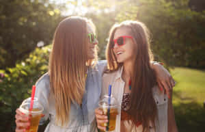兩位女士笑著手持飲品，在陽光明媚的公園裡。 — 酷女孩 壁紙