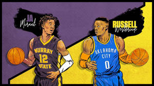 籃球運動員Ja Morant和Russell Westbrook拿著籃球的插圖。