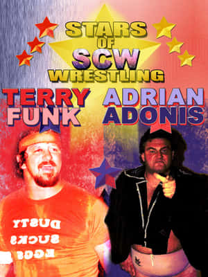 摔角手 Terry Funk 和 Adrian Adonis 在色彩繽紛的宣傳海報上。 — 摔角 壁紙