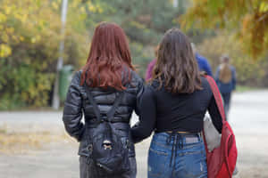 兩位女士手挽手走過一個有秋葉的公園。 — 女同志 GIF 壁紙