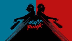 兩位戴頭盔的DJ，帶有運動線條和Daft Punk文字，背景為藍色和紅色。 — 達巴比 壁紙