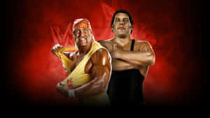Hulk Hogan 和 André the Giant 穿著摔角裝備在紅色背景前擺姿勢。 — 霍克·霍肯 壁紙