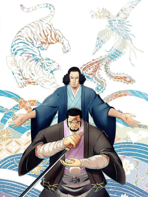 兩位動漫武士戰士手持刀劍，被老虎和鳳凰靈魂環繞在波浪圖案上。 — Kindle Paperwhite 壁紙