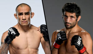 兩名戴著UFC手套的男性MMA拳手為宣傳照擺出激烈的姿勢。 — 終極格鬥冠軍賽 壁紙