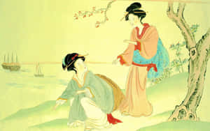 兩位穿著傳統服飾的女性在水邊樹下交談，遠處有帆船。 — 名畫 壁紙