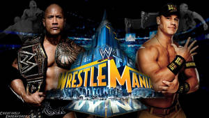 兩位職業摔角手在WrestleMania城市景觀背景下手持冠軍腰帶擺姿勢。