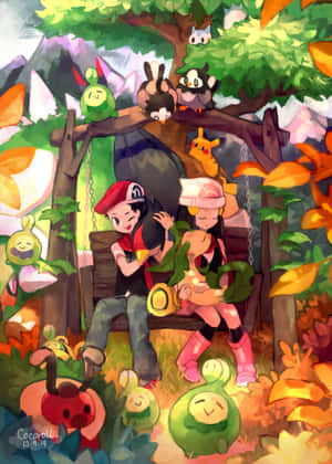 兩位Pokémon訓練家坐在鞦韆上，森林中有微笑的Pokémon圍繞著他們。 — 動漫 壁紙