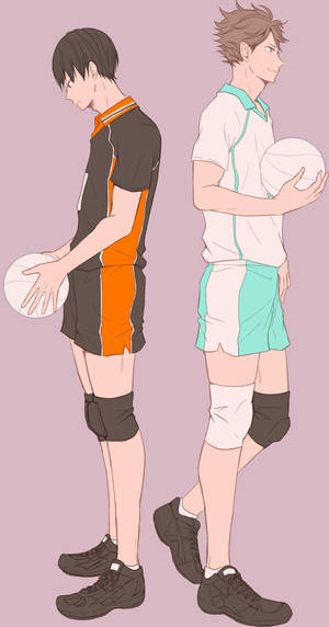 兩位動漫男孩身穿排球裝備，手持排球背對背站立。 — 影山飛雄 壁紙