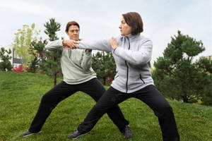 兩位女性在陰天的公園練習武術。 — 運動 壁紙