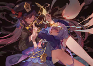 兩位動漫少女在魔法戰鬥場景中揮舞發光武器。 — 不思議遊戯 壁紙