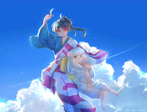 兩位身穿和服的動漫少女，在明亮藍天的雲朵上飄浮。 — 犬夜叉 壁紙